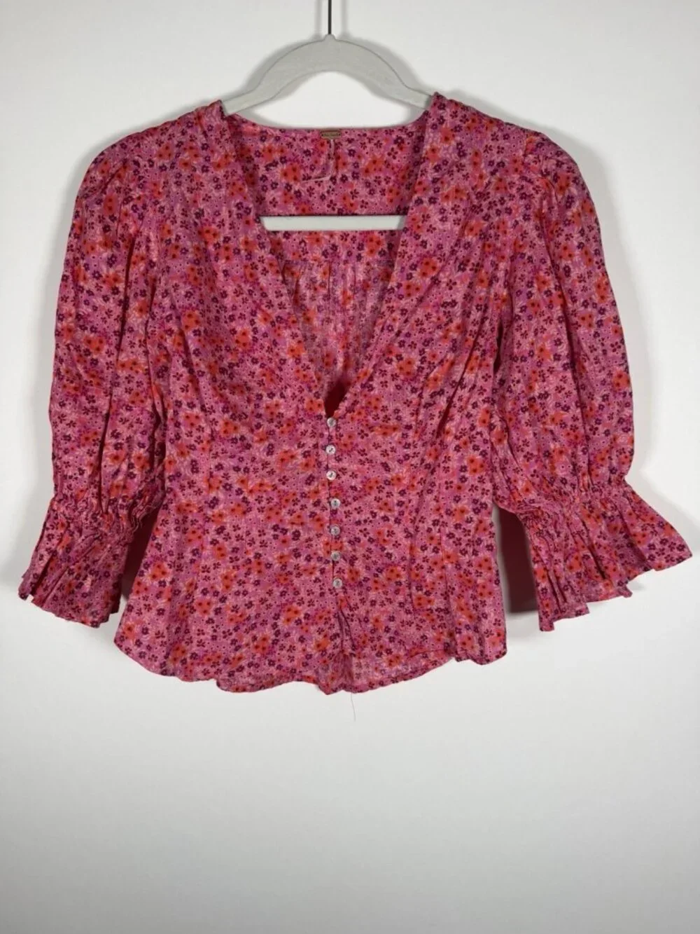 Free People I Found You floral print Ren Faire boho puff sleeve cottage XS shirt